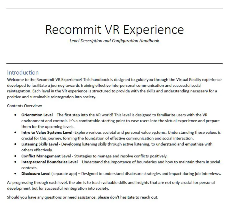 RECOMMIT VR Experience Level Description and Configuration Handbook!